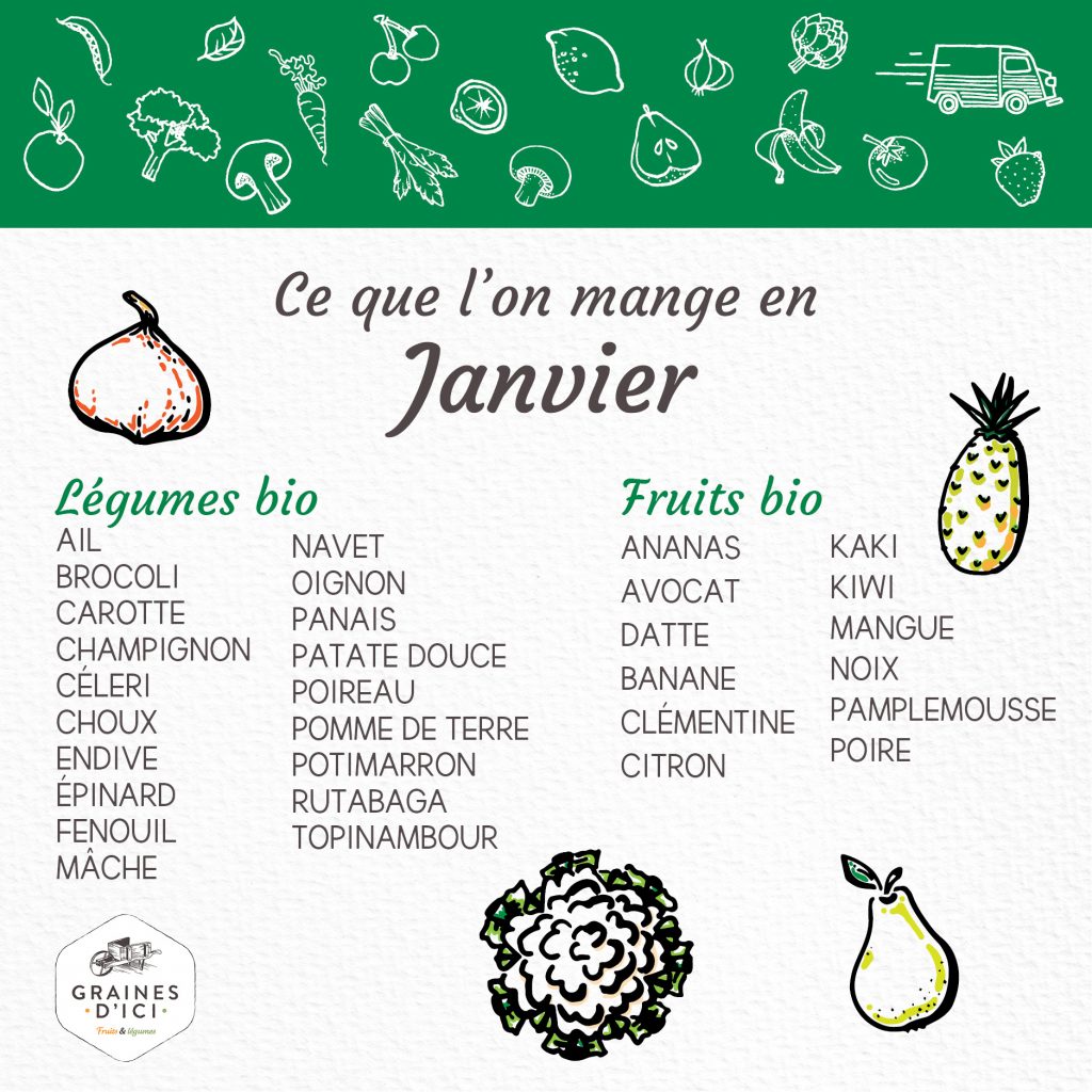 Calendrier de saison avec les fruits et légumes du mois de janvier par Graines d'ici