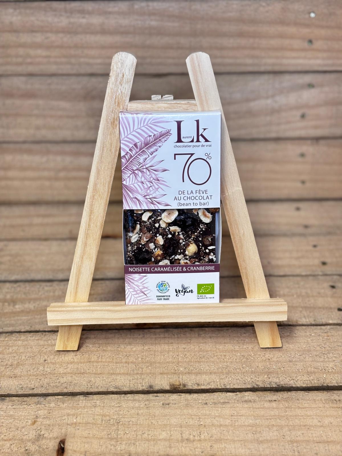 Chocolat noir 70% noisettes caramélisées et cranberries